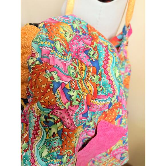 90s VTG Handmade Quilted Hobo Bag Colorful Patchwork Boho Tote Frog Fish - Picture 5 of 5